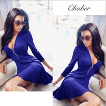 Lady Bodycon Dress Party Vestido Exy Zip V Neck Mini Dress Long Sleeve Women Slim Dress Solid Color Office 2024 - buy cheap