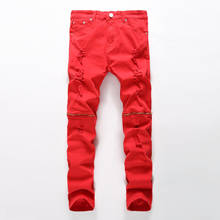 Джинсы мужские облегающие с декоративной молнией, рваные джинсы, модные повседневные зауженные байкерские джинсы, эластичные хлопковые брюки из денима в стиле хип-хоп, красный цвет 2024 - купить недорого