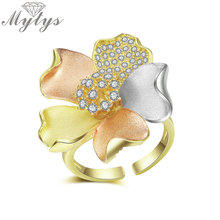 Mytys Sand Blast Brass Flower Ring For Women Three Tone Gold Fashion AAA Zircon Setting High Level Ring Gift R2056 2024 - buy cheap