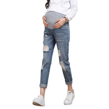 Calça jeans com buracos para mulheres grávidas, roupa de maternidade para grávidas, com elástico na cintura, para gravidez 2024 - compre barato