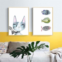 Haochu cartaz de gato e peixe para sala de estar, decoração para casa, pintura, pôster impresso, imagem simples de parede, pintura de tela estilo nórdico 2024 - compre barato