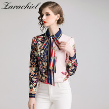 Women Runway Shirts Fashion Elegant Bow Tie Collar Flower Print Long Sleeve Blouse Shirt Ladies Workwear Office Tops M-XXL 2024 - buy cheap