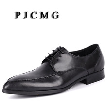 Мужские деловые туфли PJCMG, черные/коричневые оксфорды на шнуровке, с острым носком, из натуральной кожи, однотонные деловые свадебные туфли для мужчин 2024 - купить недорого