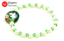 Qingmos Trendy 5-6mm White Natural Pearl Bracelet for Women with Green Crystal and 18mm Cloisonne Bracelet Jewelry 7.5'' bra412 2024 - buy cheap