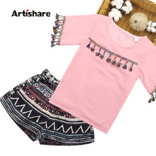 Aritshare/Одежда для девочек, рубашка с кисточками + шорты в богемном стиле комплект из 2 предметов, летняя одежда для девочек комплект для подростков 6, 8, 10, 12, 14 лет 2024 - купить недорого