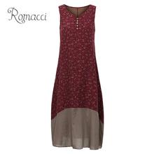 Romacci Women Cotton Linen Dress Floral Print V Neck Sleeveless Button Maxi Long Dress Vintage Loose Summer Plus Size Dress 5XL 2024 - buy cheap
