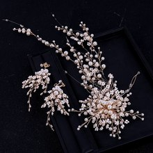 Accesorios para el cabello de perlas con pendientes, conjunto de joyería, diadema para vestido de boda de novia, cuentas de flores, adornos de joyas para el cabello de compromiso 2024 - compra barato