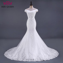 Vestido de casamento de sereia elegante, manga curta, cristal frisado, renda up, branco puro, plus size, wx0081 2024 - compre barato