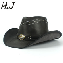 100%  Leather Men Western Cowboy Hat For Dad Gentleman Fedora  Sombrero Hombre Jazz Caps 2024 - buy cheap