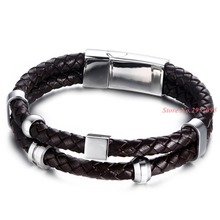 Pulseira masculina de couro legítimo, bracelete de couro marrom de aço inoxidável, joias para homens 2024 - compre barato