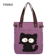 Fzmbai bolsa de lona feminina com gato bonito apliques moda portátil senhoras diamantes bolsas ombro totes 2024 - compre barato