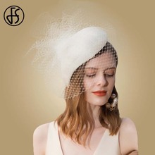 Chapéus fascinator brancos fs bege, chapéu para casamentos culinário mulheres derby caixa de pingente com véu preto fedoras vintage festa feminina elegante 2024 - compre barato