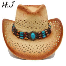 Sombrero de paja para hombre y mujer, Sombrero de Cowboy del oeste con banda de cuero Punk, trabajo manual, tejido, playa, sol, Sombrero de Jazz, talla 58CM, A0063 2024 - compra barato