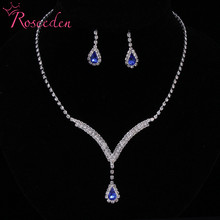 Wedding jewelry royal blue clear rhinestone silver Color necklace set teardrop necklace earring jewelry sets for women RE849 2024 - buy cheap