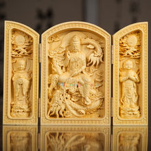 Diseño de puertas ternarias orientales, Boxwood tallado a mano, estatua kwan-yin Sutra, decoraciones para el hogar, artesanía de madera 2024 - compra barato