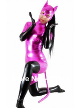 Shiny Metallic Fuchsia & Black Catwoman Costume Halloween Carnival metallic zentai costumes 2024 - buy cheap