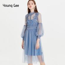 Женское кружевное платье Young Gee, милое платье с высокой талией и высоким воротником, прозрачное платье с кружевными 3D цветами, платье с длинным рукавом 2024 - купить недорого