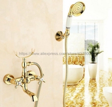 Bathtub Faucet Gold Brass Wall Mounted Rain Shower Faucet Handheld 2 Handle Luxury Bathroom Mixer Tap Set Ntf124 2024 - buy cheap
