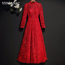 Платье-трапеция VENSANAC, красное кружевное вечернее платье с вышивкой, высоким воротом и длинным рукавом, для расшитое блестками длинное вечернее, 2018 2024 - купить недорого