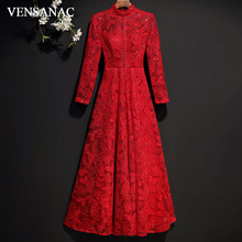 VENSANAC Vintage Bordado de Lantejoulas Uma Linha de Alta Pescoço Vermelho Longos Vestidos de Noite 2018 de Renda Manga Longa Partido Prom Vestidos 2024 - compre barato