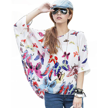 2018 blusa feminina batwing manga casual solto branco chiffon blusas e camisas impressão borboleta verão topos feminina 2024 - compre barato