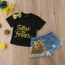 Kids Baby Girl T-shirt Bowknot Letter Print Tops Sequin Denim Shorts Pants Costume 2PCS Clothes Set 1-6Y 2024 - buy cheap