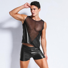 FadSexy Men's  Transparent Patchwork Mesh PU Faux Leather Vest Punk Shiny Cool Men Plus Size Gay Fun Net Yarn Stylish Tank Tops 2024 - buy cheap