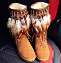 Inverno novo artesanal de couro mulher pena tassel joelho botas de neve alta calcanhar plano pena borla inverno marrom mulher botas de neve 2024 - compre barato