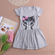 Детское трикотажное платье Pudcoco для девочек, платье с коротким рукавом и принтом кошки, летняя одежда для маленьких девочек 2024 - купить недорого