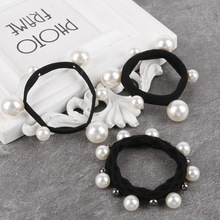 Wholesale Good Quality Imitation Pearls Fashion Round Elastic Black Girl Rope Rubber Band tie Bun Width:0.7/0.8/1cm 2024 - buy cheap