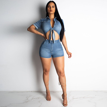 Sexy Denim Jumpsuit Jeans Women Short Sleeve Rompers Bow Tie Bandage Hollow Out Single Breasted Button Tight Playsuit Plus Size 2024 - buy cheap