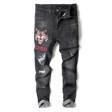 Мужские облегающие джинсы, потертые рваные байкерские джинсы с потертостями, повседневные уличные брюки-карандаш с вышивкой, весна 2019 2024 - купить недорого
