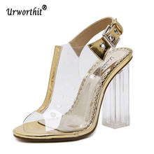 2019 Summer Fashion Women Gladiators Square High Clear Heels Sandals Peep Toe Slingback Sandals Silver Gold Transparent Shoes 2024 - buy cheap