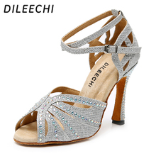 DILEECHI Silver Glitter Rhinestone Latin Dance Shoes Women Salas Ballroom Shoes width High Heel 10cm Waltz Software Shoes 2024 - buy cheap
