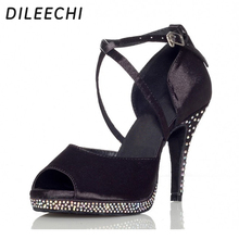 DILEECHI Rhinestones Black Satin Women ultra high heels 10cm Latin dance shoes Waterproof platform Increased Pumps Party shoes 2024 - buy cheap