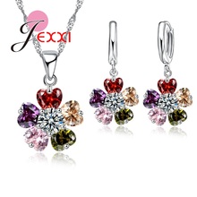 Elegant Hollow Flower Crystal Pendant Necklace Earrings Jewelry Set For Women Bridal Wedding Accessory 925 Sterling Silver 2024 - buy cheap