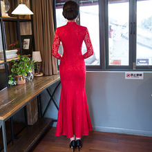 Vestido de novia chino rojo con cola de pez, vestido tradicional de encaje fino, estilo Oriental, Cheongsam elegante, fiesta de noche 2024 - compra barato