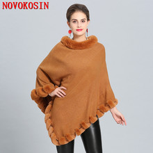 SC283 Women Capes Solid Poncho 2018 Winter Faux Fox Fur Shawl Knitted Triangle Fur Sweater Plus Size Pullover Coat Fur Neck 2024 - buy cheap