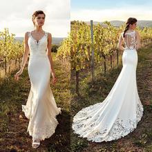 2019 Lace Wedding Dresses Sexy V-Neck Appliques Garden Bridal Gowns Buttons Back Sweep Train Mermaid Wedding Dress 2024 - buy cheap