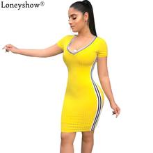 Loneyshow Striped Patchwork Bodycon Summer Knitted Dress V-neck Short Sleeve Slim Mini Women Dresses Office Lady Casual Vestidos 2024 - buy cheap