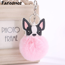 Cute Bulldog Dog Keychains Charm Pompom Key Chain Rabbit Fur Ball  Porte Clef Fluffy Leather Key Ring Llaveros Chaveiros 2024 - buy cheap