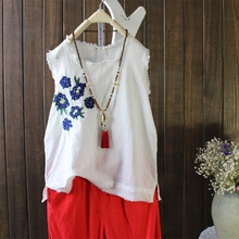 Casual Frayed Ripped Hem Tank Tops Women Cotton Linen Tops O-Neck Sleeveless Vest Top Floral Embroidery Summer Clothes 2021 2024 - buy cheap
