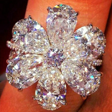 Anel de prata com zircônia de cristal feminino, anel de dedo em forma de flor, cor prata e pedra grande, anéis de casamento vintage para mulheres, joias da moda 2024 - compre barato