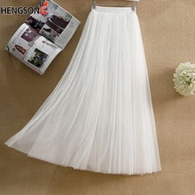 Summer Solid Color Tulle Skirt Women Elastic High Waist Pleated Midi Skirt Female Mesh Vintage A-line Skirts Casual Clothing 2024 - buy cheap