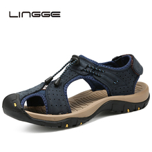 Lingge novo couro genuíno dos homens sandálias de verão sapatos de praia homem moda ao ar livre tênis casuais tamanho 38-46 2024 - compre barato