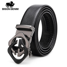 BISON-cinturón vaquero con hebilla automática para hombre, correa de lujo de cuero genuino de vaca, hebilla de Metal negra y dorada, N71485 2024 - compra barato