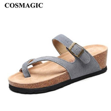 COSMAGIC 2021 Summer Beach Med Heel Cork Slippers Casual Women Nubuck Leather Wedge Platform Outside Clogs Slide Shoe 2024 - buy cheap