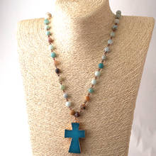 Free Shipping Rosary Chain Amazonite Stones Blue Cross Pendant Ethnic Necklace Bohemian Tribal Jewelry 2024 - buy cheap