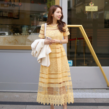 High Quality Yellow Lace Long Party Dress 2019 Runway Designer Summer Women short Sleeve Hollow Out Sexy Crochet office Dresses 2024 - buy cheap
