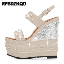 Shoes Fetish Luxury High Heels Pumps Embellished Wedge Exotic Dancer Women Platform Two Strap Sandals Extreme Pearl Stripper 2024 - buy cheap